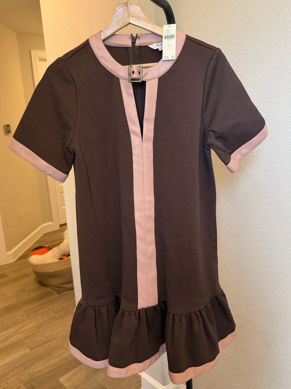 NWT Anthropologie Maeve Drop Waist Shift Dress Brown & Pink Faux Leather Sz S